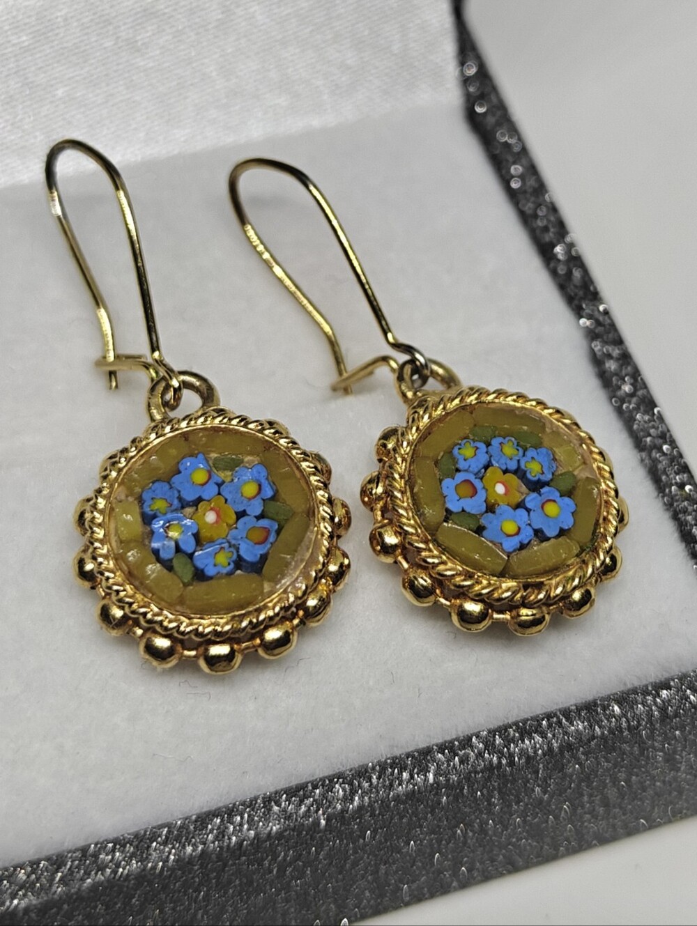 Vintage Italian Mosaic Earrings Floral Gold Tone
